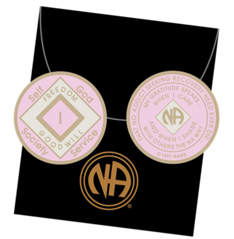 Offical NA Tri-Plate Pink & Gold Color Narcotics Anonymous Medallions 18 Month Year 1 - 50 - RecoveryChip