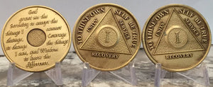 Set of 3 AA 1 Year Bronze Medallions Serenity Prayer Sobriety Chip Bulk Pack