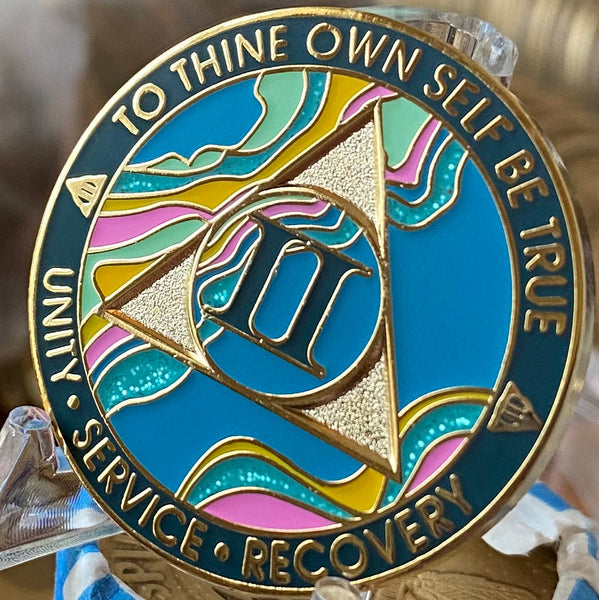 2 Year AA Medallion Elegant Tahiti Teal Blue and Pink Marble Gold Sobriety Chip