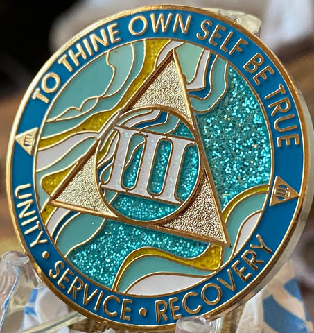 3 Year AA Medallion Elegant Caribbean Aqua Glitter Teal Marble Gold Sobriety Chip