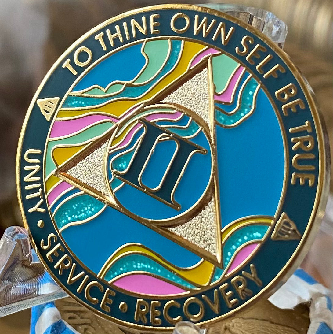 1 - 35 Year AA Medallion Elegant Tahiti Teal Blue and Pink Marble Gold Sobriety Chip