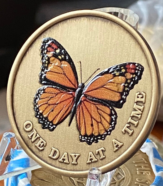 Orange Monarch Butterfly One Day At A Time Serenity Prayer Medallion