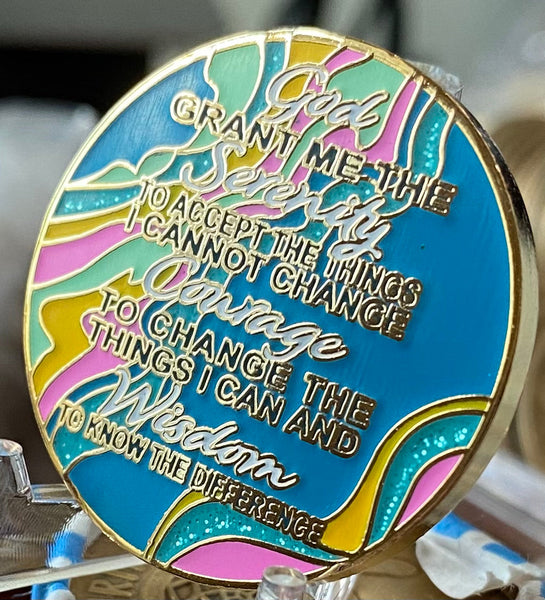 2 Year AA Medallion Elegant Tahiti Teal Blue and Pink Marble Gold Sobriety Chip