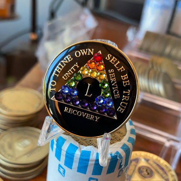 50 Year AA Medallion Black Tri-plate Sobriety Chip Rainbow Crystal
