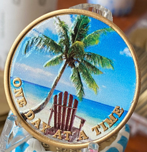 Tropical Beach Chair Palm Tree Color One Day At A Time Serenity Prayer Medallion Coin