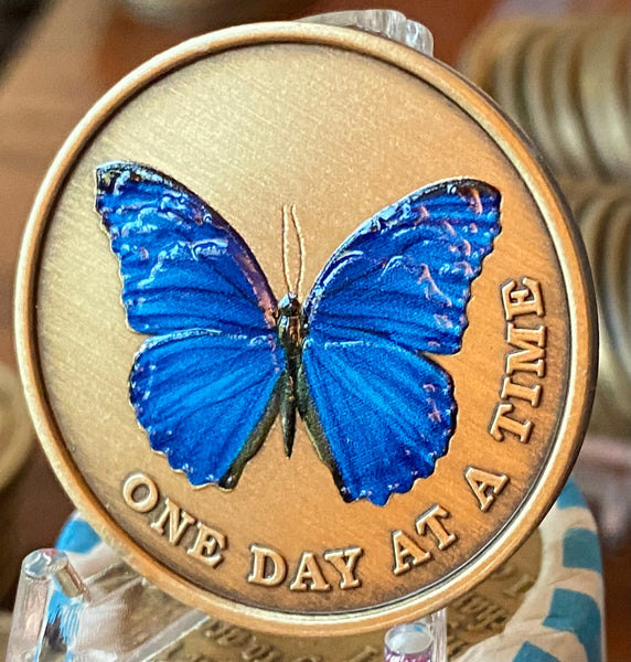 Blue Butterfly One Day At A Time Serenity Prayer Medallion