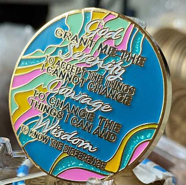 2 Year AA Medallion Elegant Tahiti Teal Blue and Pink Marble Gold Sobriety Chip