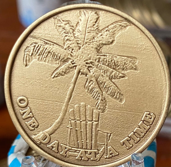 Tropical Beach Chair Palm Tree Bronze One Day At A Time Serenity Prayer Medallion Coin